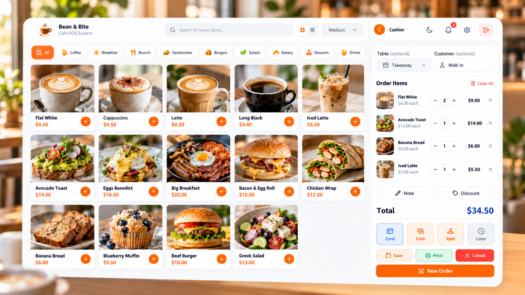 Café POS screen with Australian café menu items, a populated order and a $34.50 total